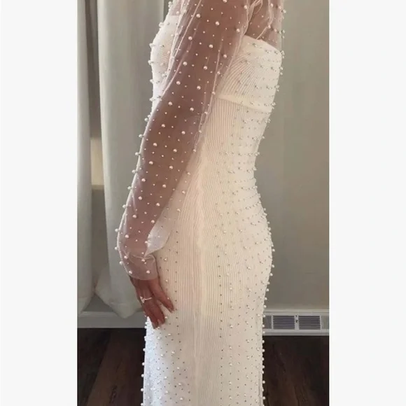 Sheer Pearl Mesh Overlay Long Sleeve Dress - Picture 5 of 6